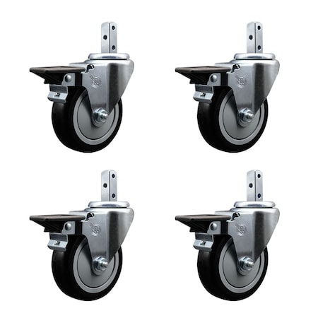 Service Caster 4'' Black Poly Wheel Swivel 3/4'' Square Stem Caster Set with Brake, 4PK SCC-SQ20S414-PPUB-BLK-PLB-34-4